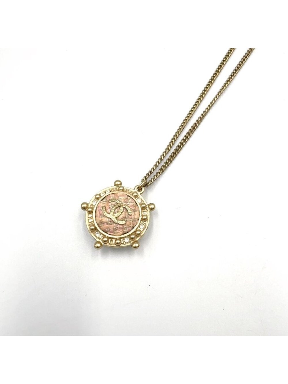 Chanel CC Logo Metiers D'art Rhinestone Clear Gold Light Pink Necklace